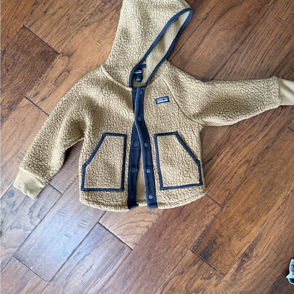 Tan Hooded Fleece Jacket with Black Trim